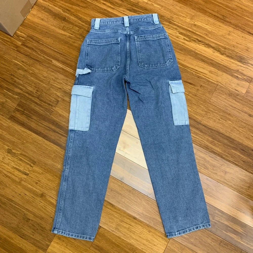 Pacsun Denim Cargo Pants Women Size 23 Two Tone Pockets High Waist Jeans Utility